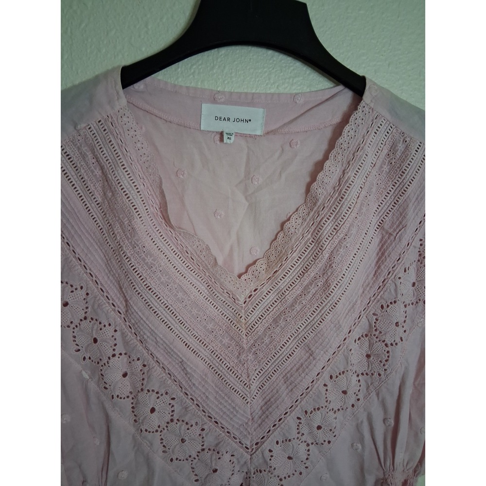 Dear John Pink Eyelet Lace Swiss Dot Cotton V-Neck Peplum Blouse Top XL - Picture 3 of 8
